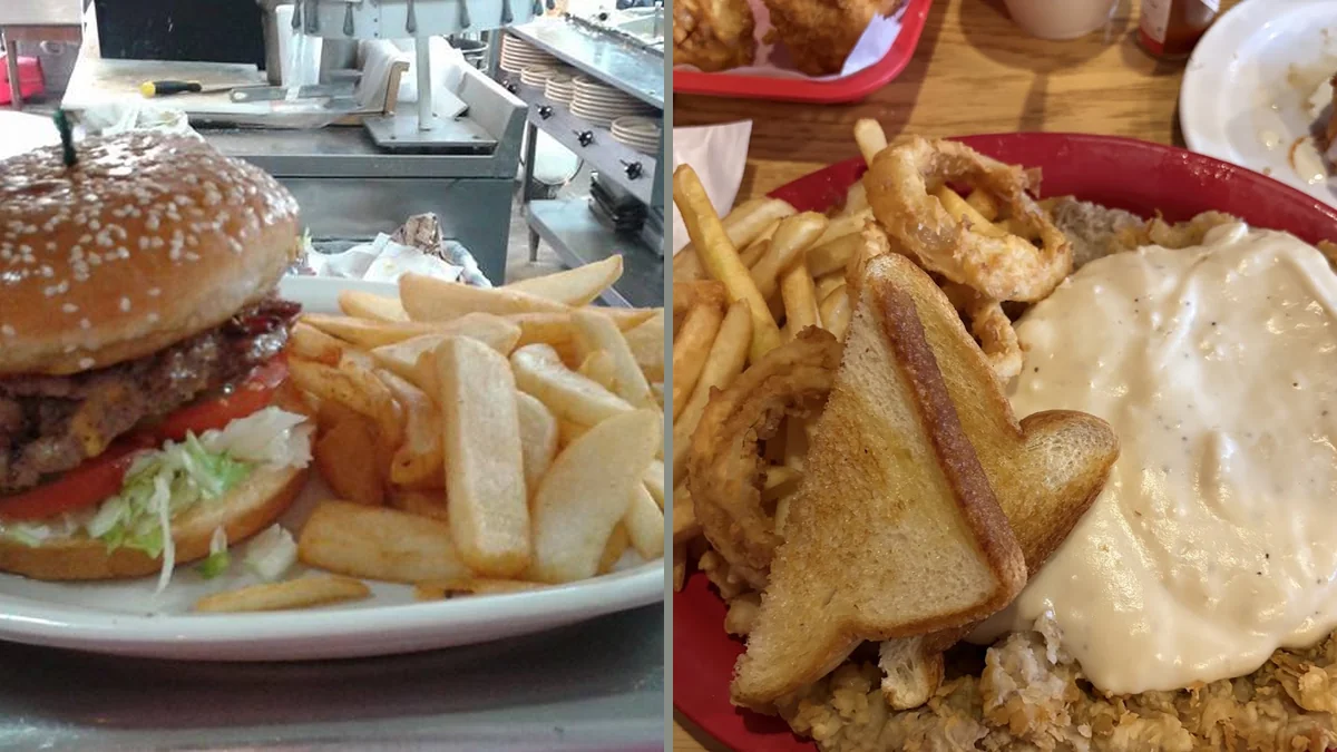 Seafood platters on a casual restaurant table.