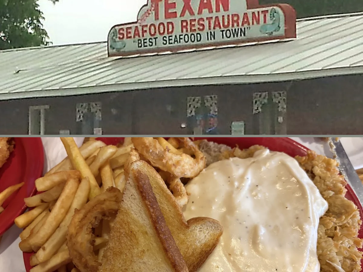 Plates of burgers and seafood dishes.