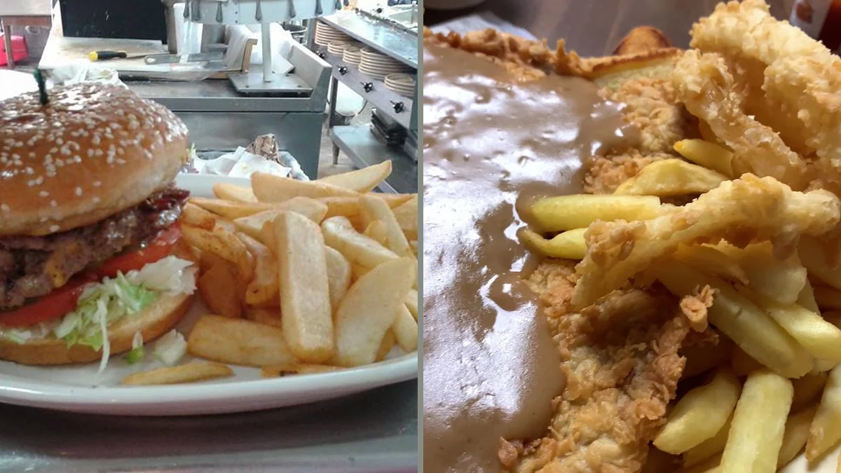 Seafood platters on a casual restaurant table.