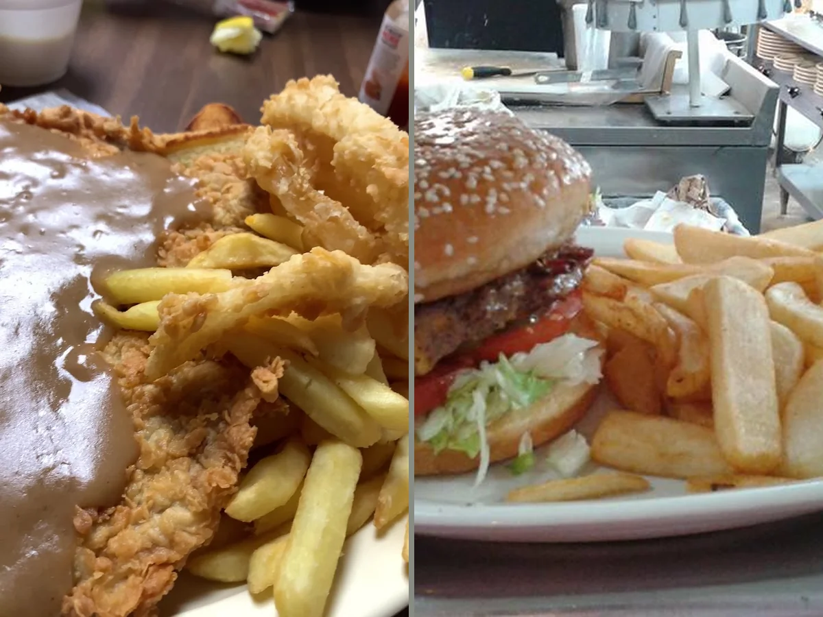 A down-home seafood restaurant dining room.