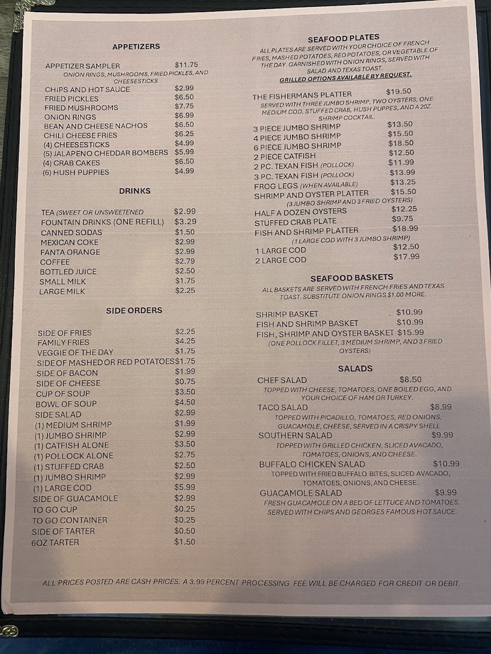 Seafood and burger selections listed on paper.