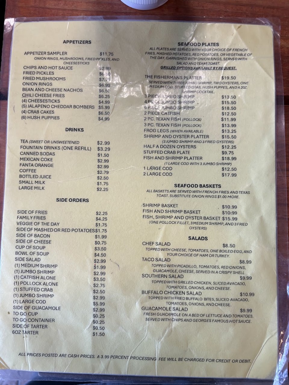 Restaurant menu with Southern-style dishes.